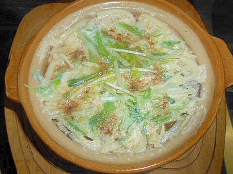 お１人様土鍋で☆豚肉・水菜の卵とじうどん★